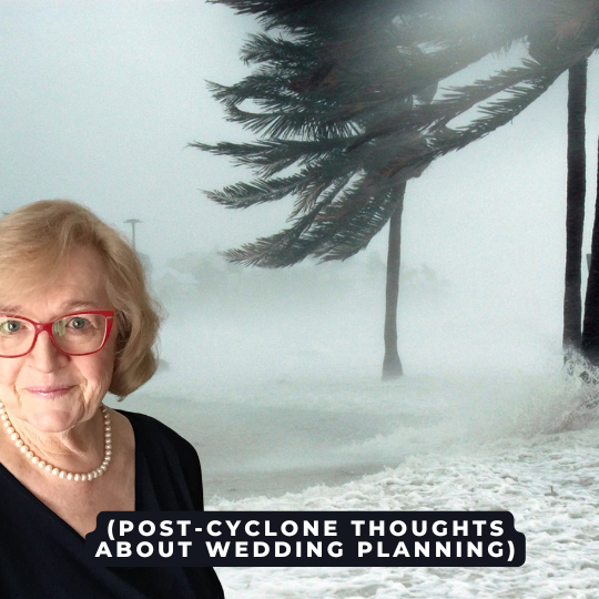 Cyclonic weather -
trees blowing and a surge of seawater - as a
backdrop to a photo of Jennifer Cram, The
Inclusive Marriage Celebrant. Jennifer is wearing
red framed eyeglasses and a navy blue top