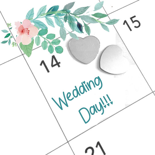 Calendar with Wedding Date marked on the
14th plus two silver hearts and a spray of
watercolour flowers