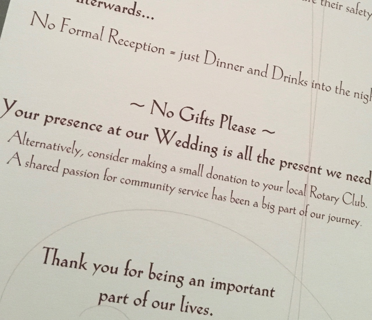 Wedding invitation request for donations to
                      the local Rotary Club