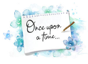 Spiral notebook with words Once upon a time
surrounded by blue and turquoise watercolor
flowers