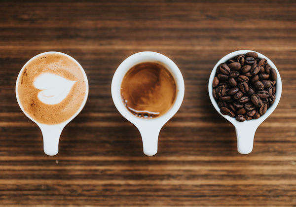 Two cups of coffee and a
cup of coffee beans