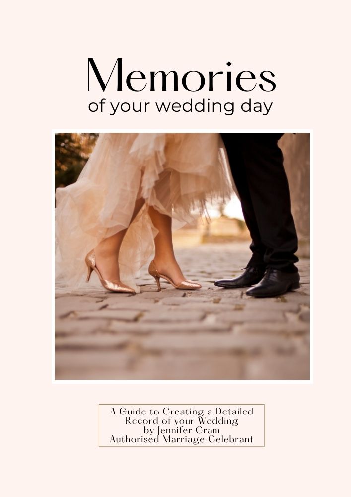Their Story. Cover of the book by
                        Jennifer Cram, Marriage Celebrant. Two silver
                        wedding rings on blue ribbon
