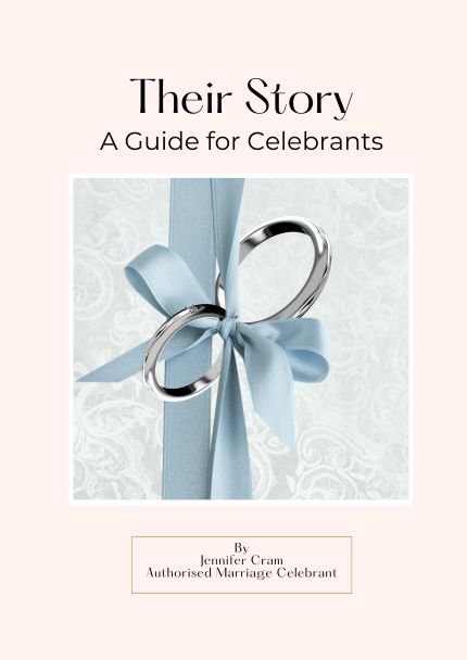 Their Story. Cover of the book by Jennifer
                      Cram, Marriage Celebrant. Two silver wedding rings
                      on blue ribbon